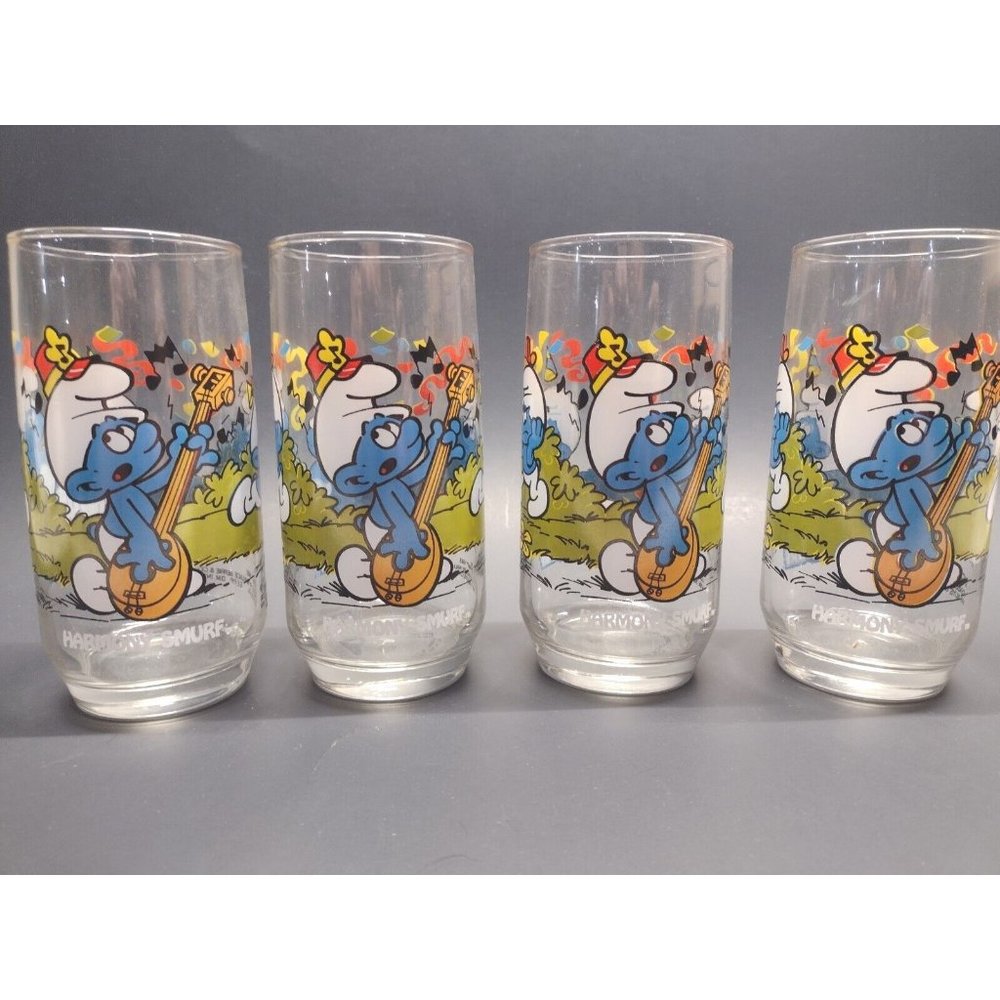 (4) Vintage HARMONY SMURF Smurfs Glasses 1983 Peyo Wallace Berrie Co.